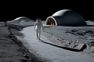 Astronaut Walking Towards the Large White Domed Lunar Base Habitat Under the Pitch Black Sky of the Moon