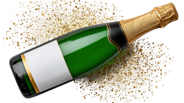 Champagne bottle popping with golden glitter celebration scene festive environment high-angle view