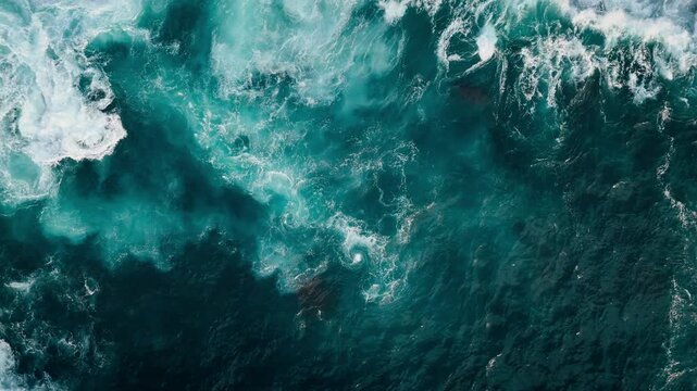 Aerial footage of waves hitting rocky lava formations and creating white foam patterns