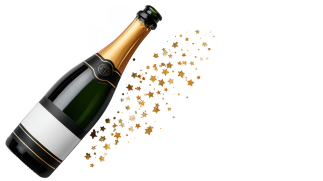 Celebratory champagne bottle pouring golden stars creative product photography