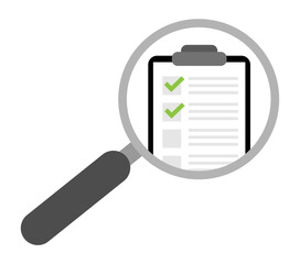 Magnifying glass checklist. Task analysis tool. Inspection Vector symbol. Review process icon.