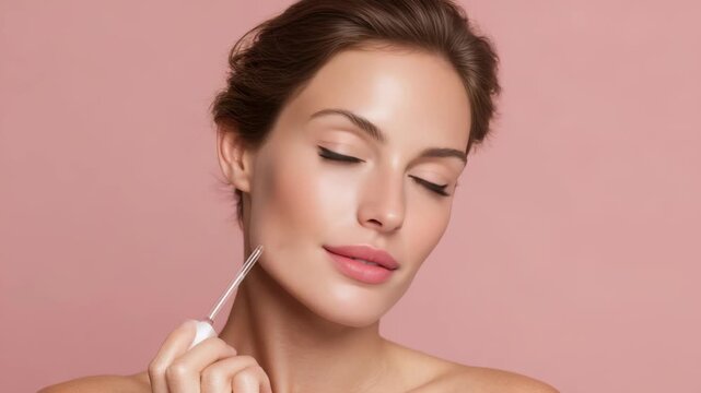 A closeup of a model with clear skin using a dropper to apply foundation, highlighting modern beauty trends. The image emphasizes skincare, self care, and makeup application in a minimalistic setting