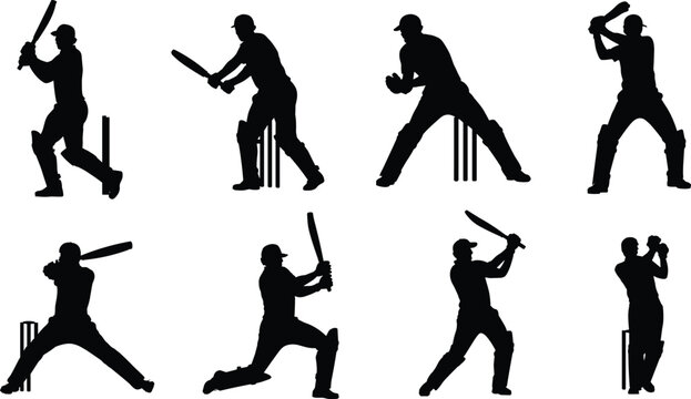 Cricket player silhouette collection vector illustration, batsman and fielder poses, professional sports action design for game, match, and competition concept