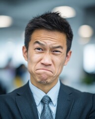 Fototapeta premium Businessman raising an eyebrow with a subtle smirk, showing skepticism or playful doubt.