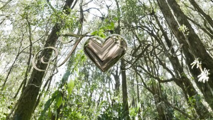 Romantic heart in lush green forest during sunny day, perfect for expressing love and affection