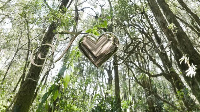 Romantic heart in lush green forest during sunny day, perfect for expressing love and affection
