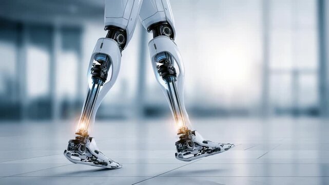 Close up of a high tech robotic leg showcases cutting edge engineering and cybernetic technology in a spacious, contemporary setting. The image emphasizes progress in robotics and prosthetics