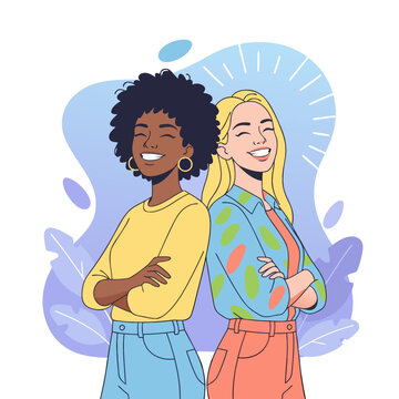 Two diverse women friends standing back to back smiling happily arms crossed wearing casual outfits with stylized leaves background and sunburst effect