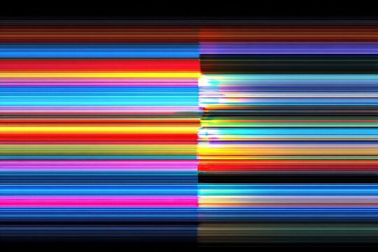 Vibrant, colorful horizontal lines produce a glitch noise effect against a black background, creating an abstract display of digital artistry