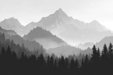 Obraz premium Stunning black and white view of mountains and fir trees during a peaceful camping adventure at dawn