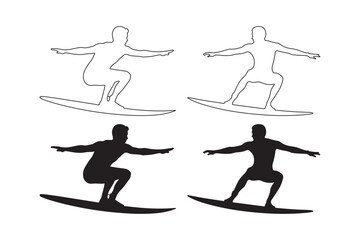Set of four surfer silhouettes and line drawings on white background