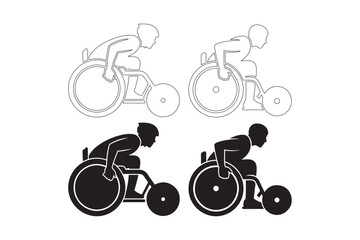 Wheelchair racer silhouette and line art set
