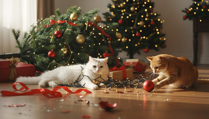 Cats knocked over a Christmas tree, playing with balls and garlands. Broken toys are nearby.