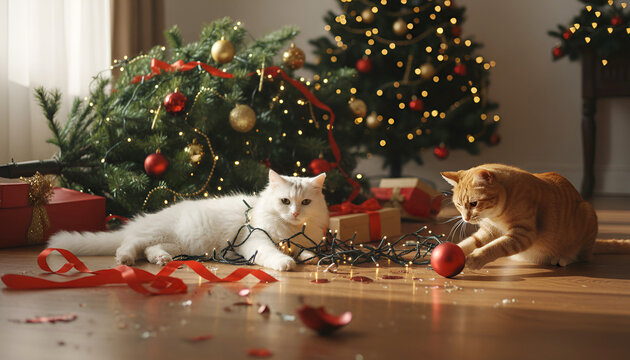 Cats knocked over a Christmas tree, playing with balls and garlands. Broken toys are nearby.