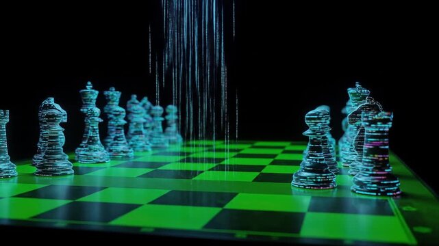 Futuristic chessboard with glowing green squares and digital glitch effect on pieces under a data stream.