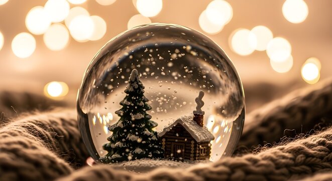 Cozy Close-up of a Snow Globe Featuring a Cabin and Tree, Surrounded by Warm Bokeh Lights