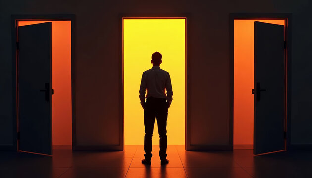 Job Candidate Standing at Open Doors with Warm Lighting for Career Development Blogs, Employment Websites, Job Search Resources, and Personal Growth Articles