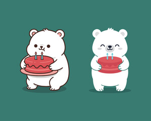 Adorable Cute White Polar Bear Holding a Red Birthday Cake with Candles, Minimalist Flat Vector Illustration for Celebration and Party