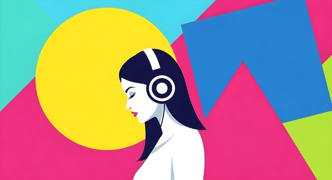 Stylized woman with headphones enjoying music against a vibrant, abstract geometric background.