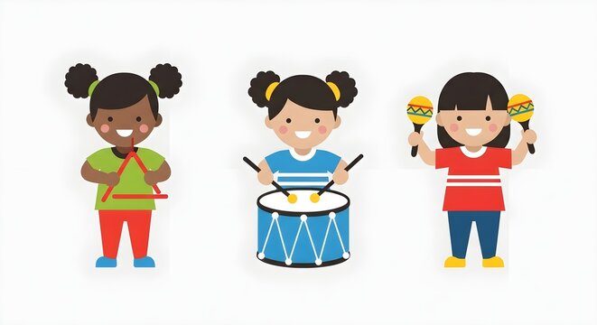 Diverse cartoon children happily playing musical instruments in a group.