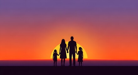 Fototapeta premium Family silhouette holding hands at sunset, symbolizing unity, love, and togetherness.