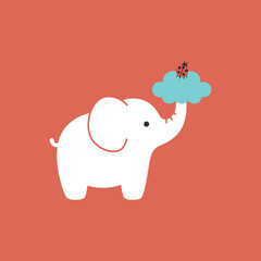 Cute Minimalist White Elephant Holding a Blue Cloud with a Red Ladybug in its Trunk, Flat Vector Cartoon Illustration