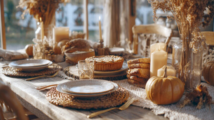autumn or thanksgiving dinner table set for a meal. The setting includes woven placemats, layered plates, burning candles, a pumpkin pie, toast, and dried floral arrangements, all bathed in warm light
