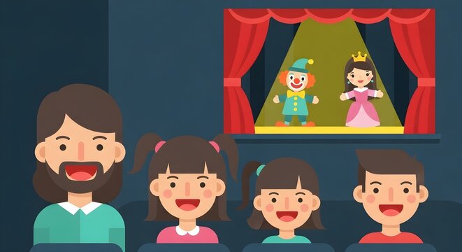 Happy family enjoying a puppet show at the theater, father and children watching performers.