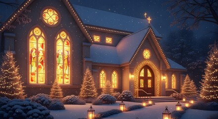 Obraz premium Illuminated Church with Stained Glass Windows Decorated with Christmas Lights on a Snowy Night