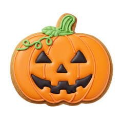 Pumpkin-shaped jack-o'-lantern Halloween cookie with orange icing and decorations, isolated on transparent background. Baking and children parties in october