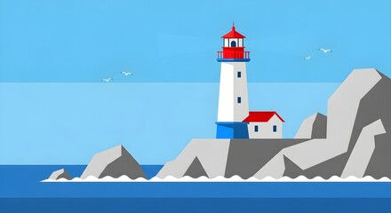 Stylized Lighthouse on Rocky Coast with Seagulls Flying: A Nautical Illustration for Coastal Themes and Maritime Concepts