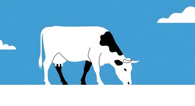 A stylized illustration of a cow grazing peacefully against a bright blue sky with simple white clouds.