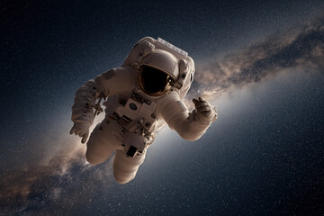 Astronaut Floating in the Dark Starry Universe with a White Suit and the Milky Way Nebula as a Background