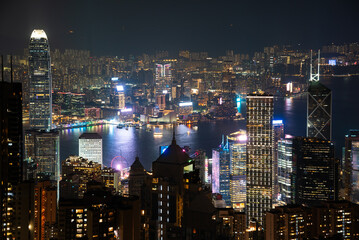 Hong Kong city view at night, skyscrapers and modern architecture
