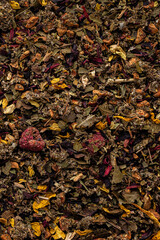 Fresh Green Tea Leaves with Floral, Herbal, and Fruit Ingredients Macro Shot