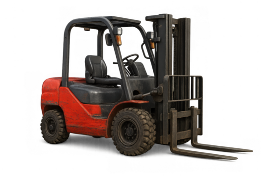Red forklift truck with lifting forks for warehouse logistics and industrial material handling, transparent background