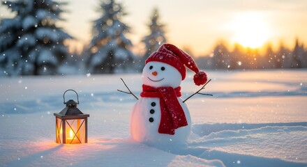 Cheerful Snowman with Red Hat and Lantern at Sunset