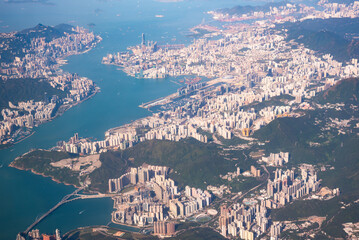 Panoramic aerial view of Hong Kong city, China. Flying above Hong Kong