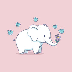 Charming cartoon illustration of a cute white baby elephant holding a purple flower in its trunk, surrounded by five small blue flying birds on a pink background.