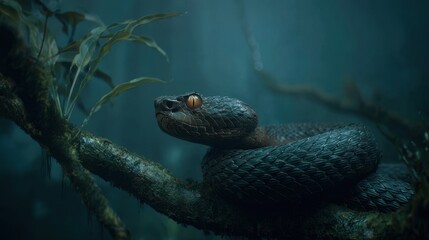 A coiled green viper snake rests on a mossy branch in a dark forest