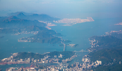 Panoramic aerial view of Hong Kong city, China. Flying above Hong Kong