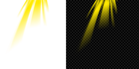 Abstract yellow light rays and beams from a spotlight. Digital visual effect VFX overlay, isolated on a transparent background.
