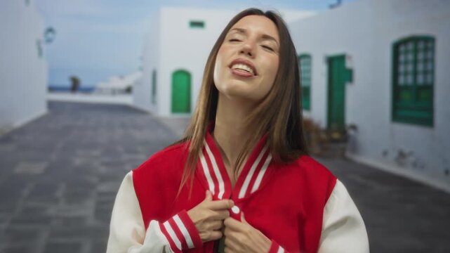 Young woman in red varsity jacket crosses arms over chest on a sunlit street with eyes closed; self care comfort serenity.