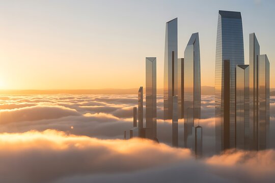 Futuristic cityscape with gleaming skyscrapers soaring above a sea of clouds at sunset, ideal for forward-thinking business visions and architectural dreams