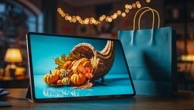 A tablet displaying a Thanksgiving cornucopia next to a shopping bag, symbolizing online holiday preparation and e-commerce