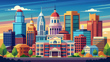 Naklejka premium Very beautiful downtown skyline of Lansing, Michigan, USA, featuring modern and historic buildings, clear bright light, and a realistic vibrant metropolitan cityscape.