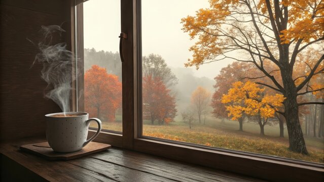 Cozy autumn morning steam rises from coffee cup by window overlooking fall foliage