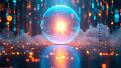 Glowing Blue Sphere With Fiery Core Levitating Above Reflective Ground With Falling Digital Particles And Soft Clouds In Futuristic Abstract - Powered by Adobe