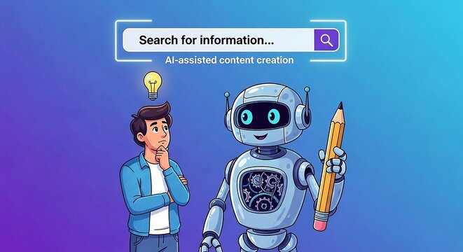 AI-assisted content creation thoughtful man and helpful robot with pencil researching information online for innovative AI solutions.