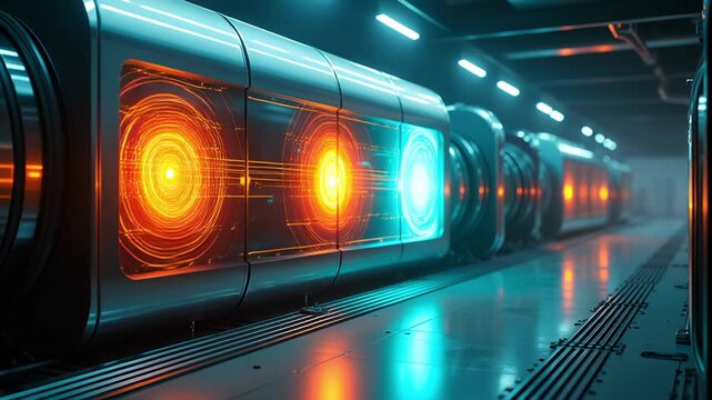 Futuristic Subway Train Interior With Glowing Orange and Blue Digital Displays Illuminated by Neon Lights in a Dark Tunnel